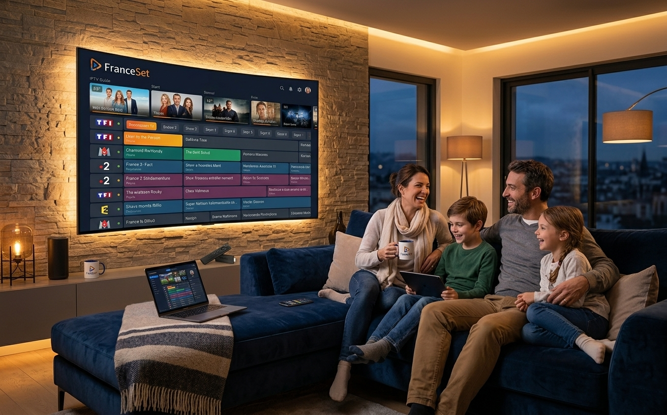 Famille regardant Set IPTV sur Smart TV